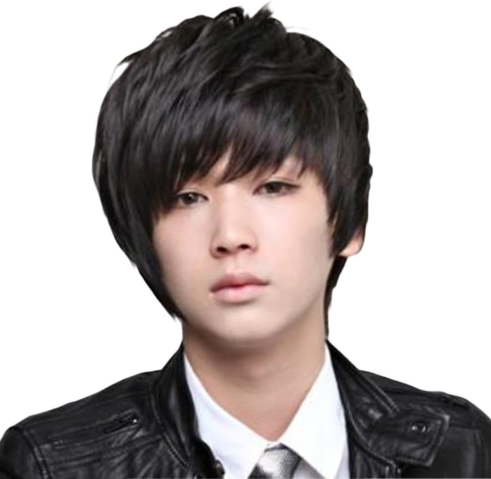 OMORFIEER Rise World Wig Cool Mens Boys Short 25cm Straight Black Hair Party Heat Resistant Cosplay Wig