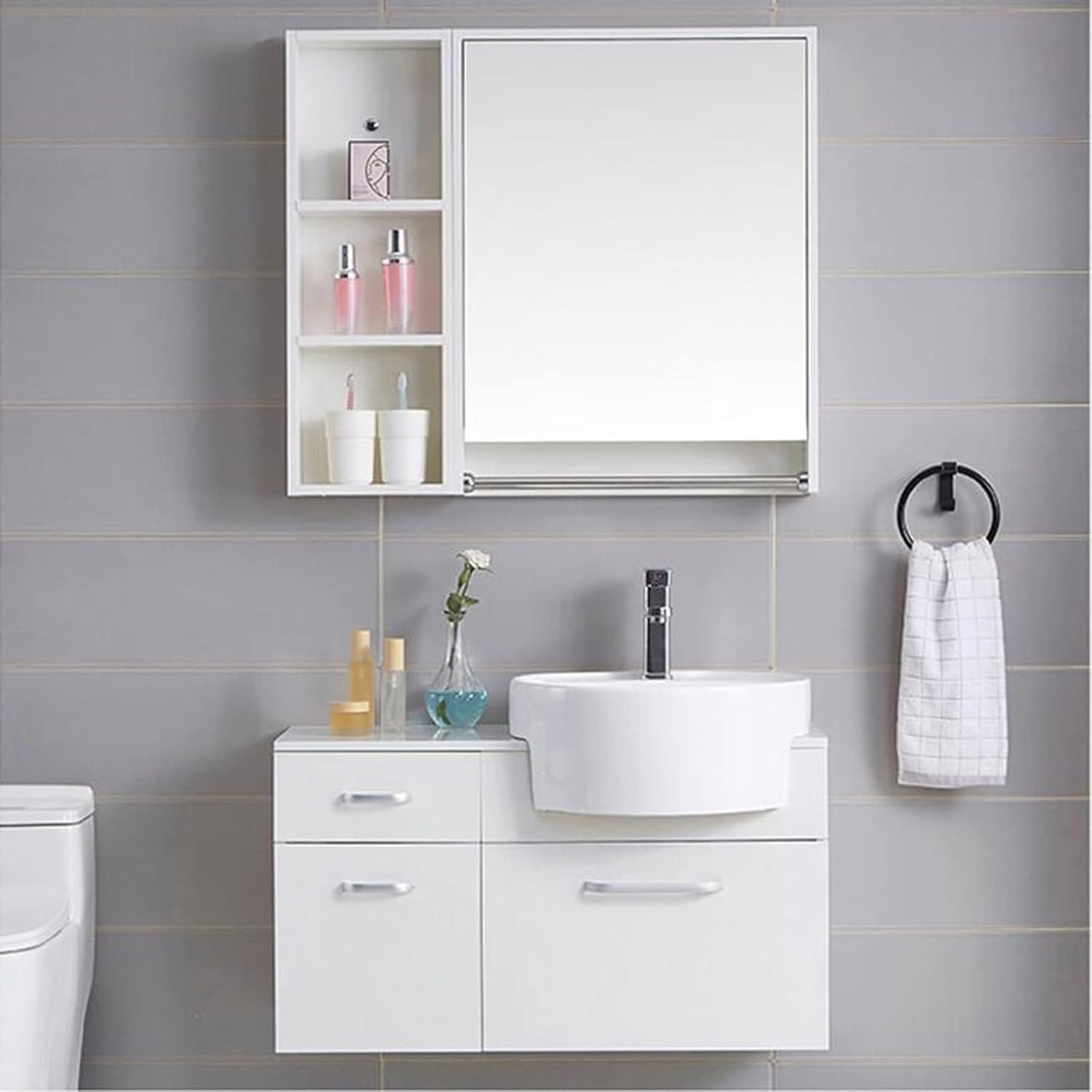 Wall-Mounted Solid Bathroom Mirror Cabinet with Storage Shelf, White 27.6x27.6x4.7