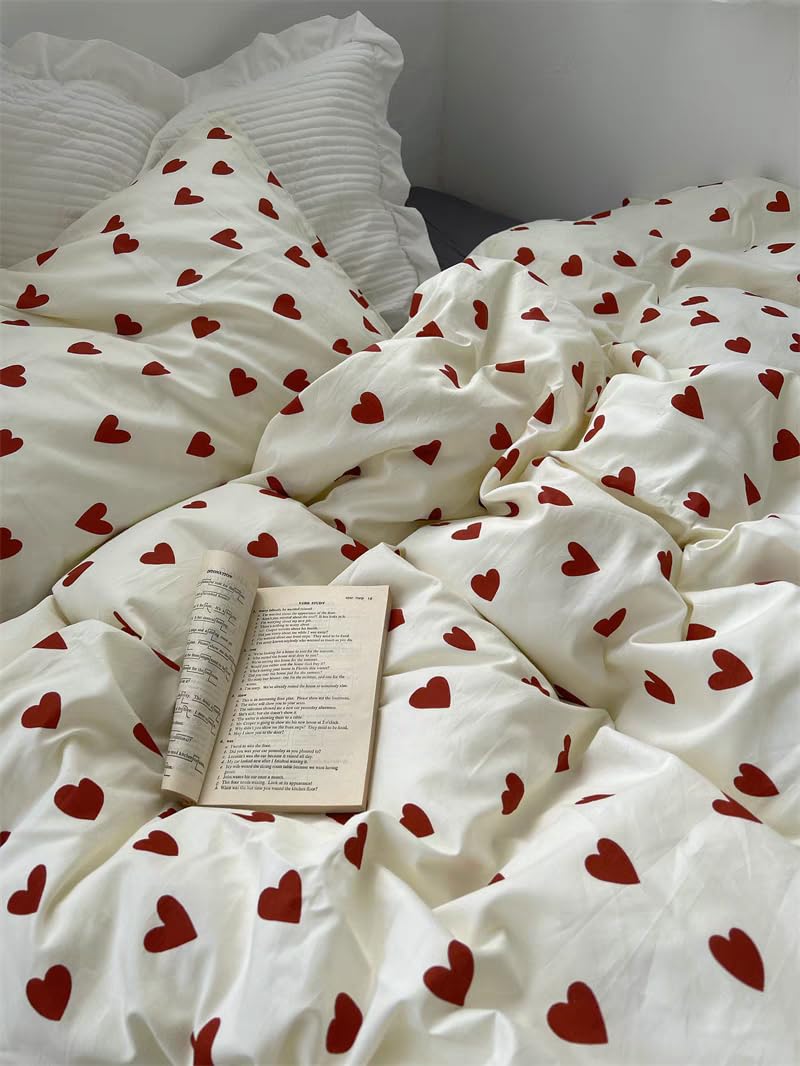 AShanlan Biancheria da letto 200 x 220 cm, in cotone, con copripiumino e federa da 80 x 80 x 2 cm | Aesthetic - Biancheria da letto con cuori rossi e bianchi, ÖKO-TEX, con chiusura lampo