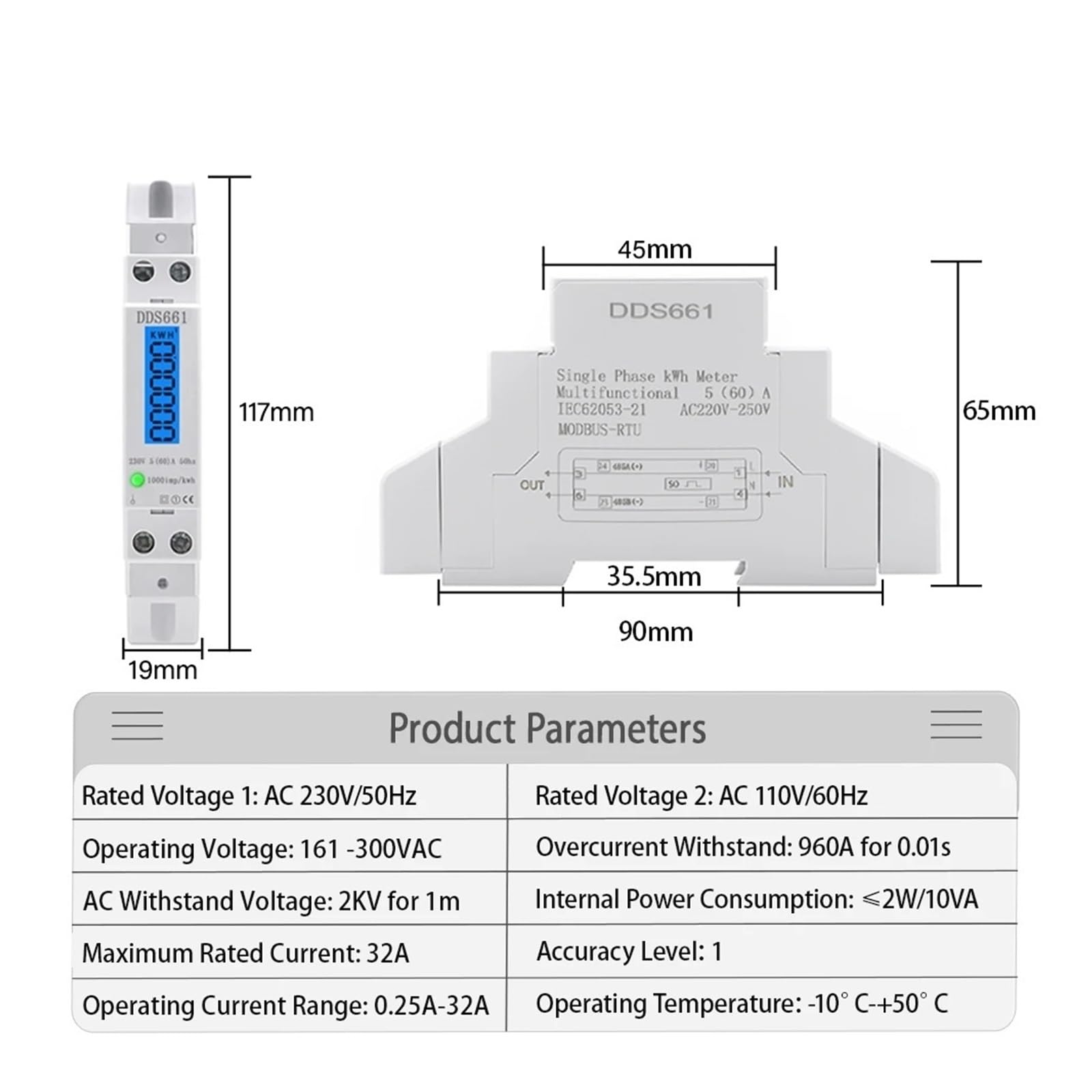 Watomierz jednofazowy z podświetleniem, cyfrowy wyświetlacz LCD, miernik zużycia energii, KWh, 5 (60) A, 230 V AC, 50 Hz, W, licznik energii na szynie DIN
