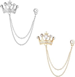 2PCS Men's Crown Hanging Chain Retro Crystal Pins Collar Pin Brooch with Stone Detailing Suit Stud Lapel Rhinestone Pin Engraving, Metal Crystal for Breastpin Wedding Brooch Men's Suit Accessories