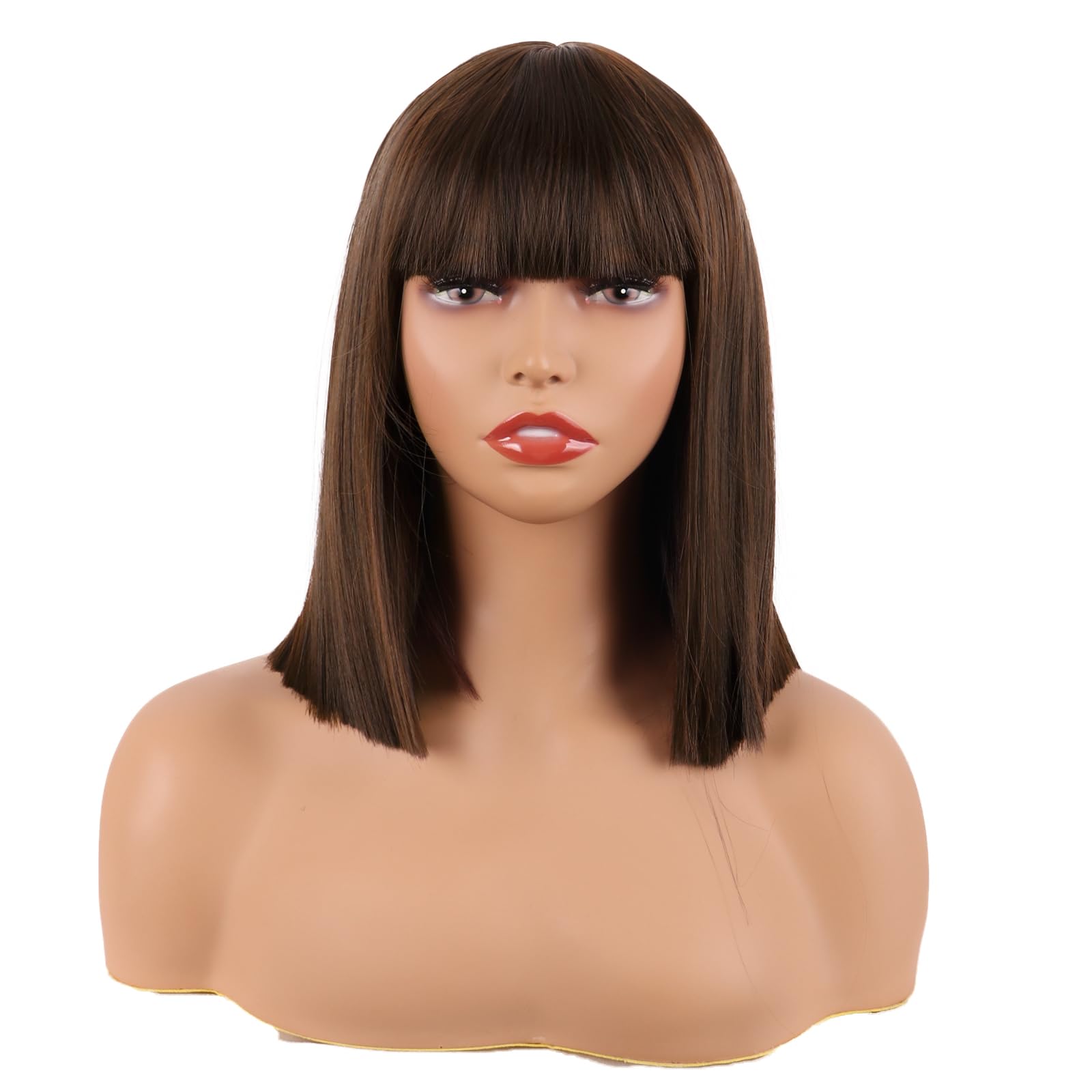 MapofBeauty 12 Inch/30 cm Straight Bob Flat Bangs Short Colorful Synthetic Hair Cosplay Party Wig (Brown)