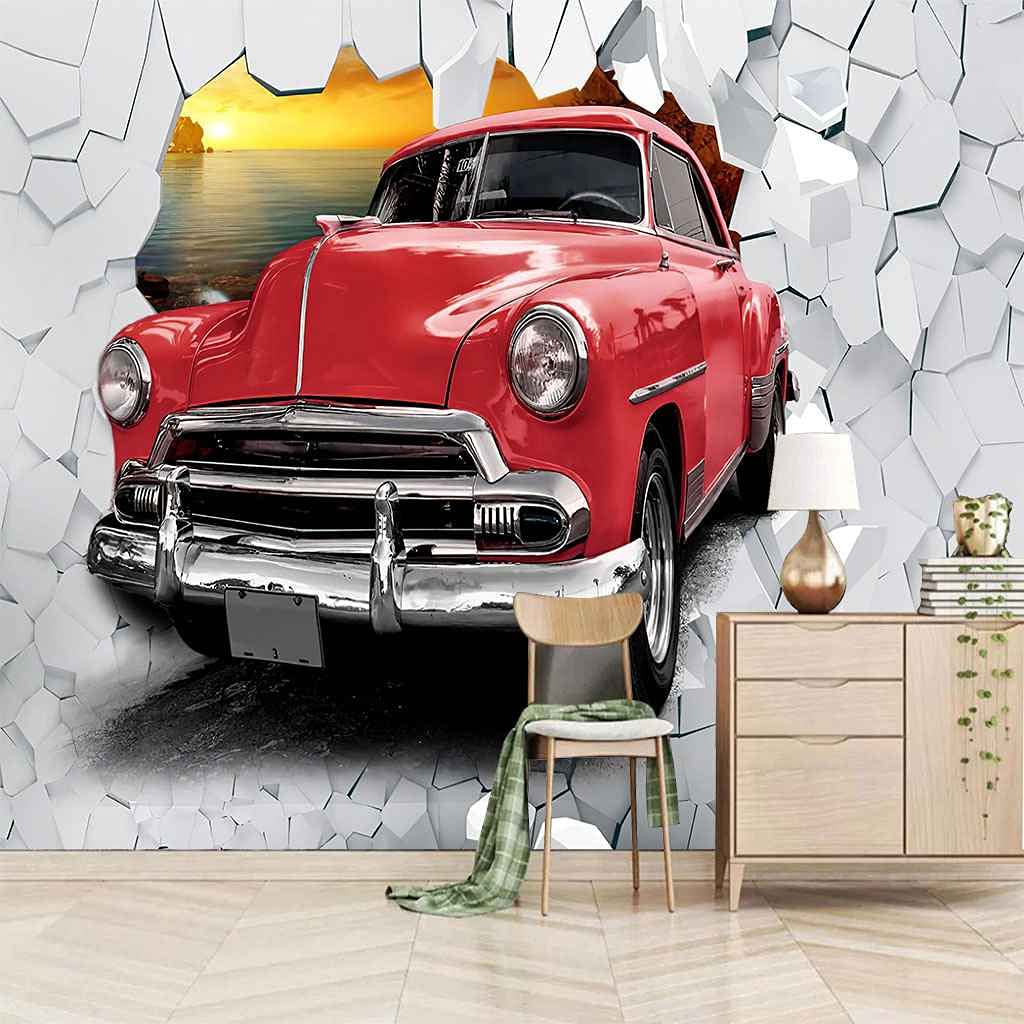 Papier peint voiture rouge 3D pour transformer l'ambiance du salon
