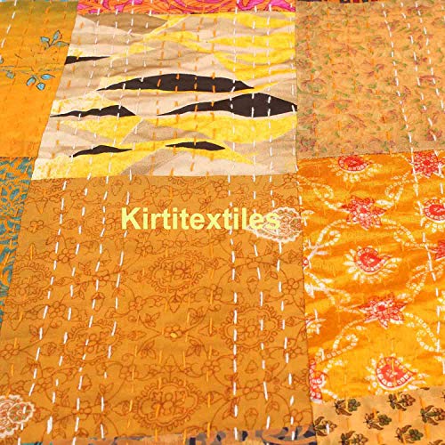 Image of Silk Hand Made Design Kantha Quilt Blanket, Bed Cover, Bedspread (Size 90 inch X 108 inch) - Multicolour