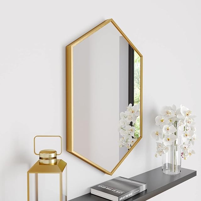 Large Modern Hexagonal Glass Mirror 75x50cm Brushed Brass Frame Wall Mounted Vanity