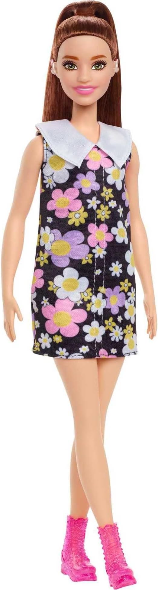Fashionistas Doll #187 with Behind-the-Ear Hearing Aids, Brunette Ponytail, Shift Dress & Pink Boots