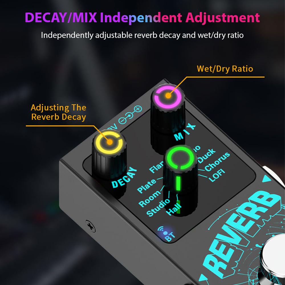 Pedal de efectos de guitarra Reverb digital para guitarra Pedal de efectos de guitarra con 9 reverberaciones diferentes Acompañamiento inalámbrico Perillas de control luminosas DECAY/MIX con by