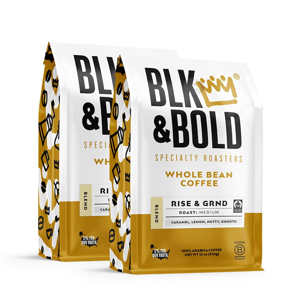 BLK & Bold Whole Bean Coffee, Rise & GRND Premium Medium Roast, 100% Arabica Beans, 12 oz Bag (2 Pack)