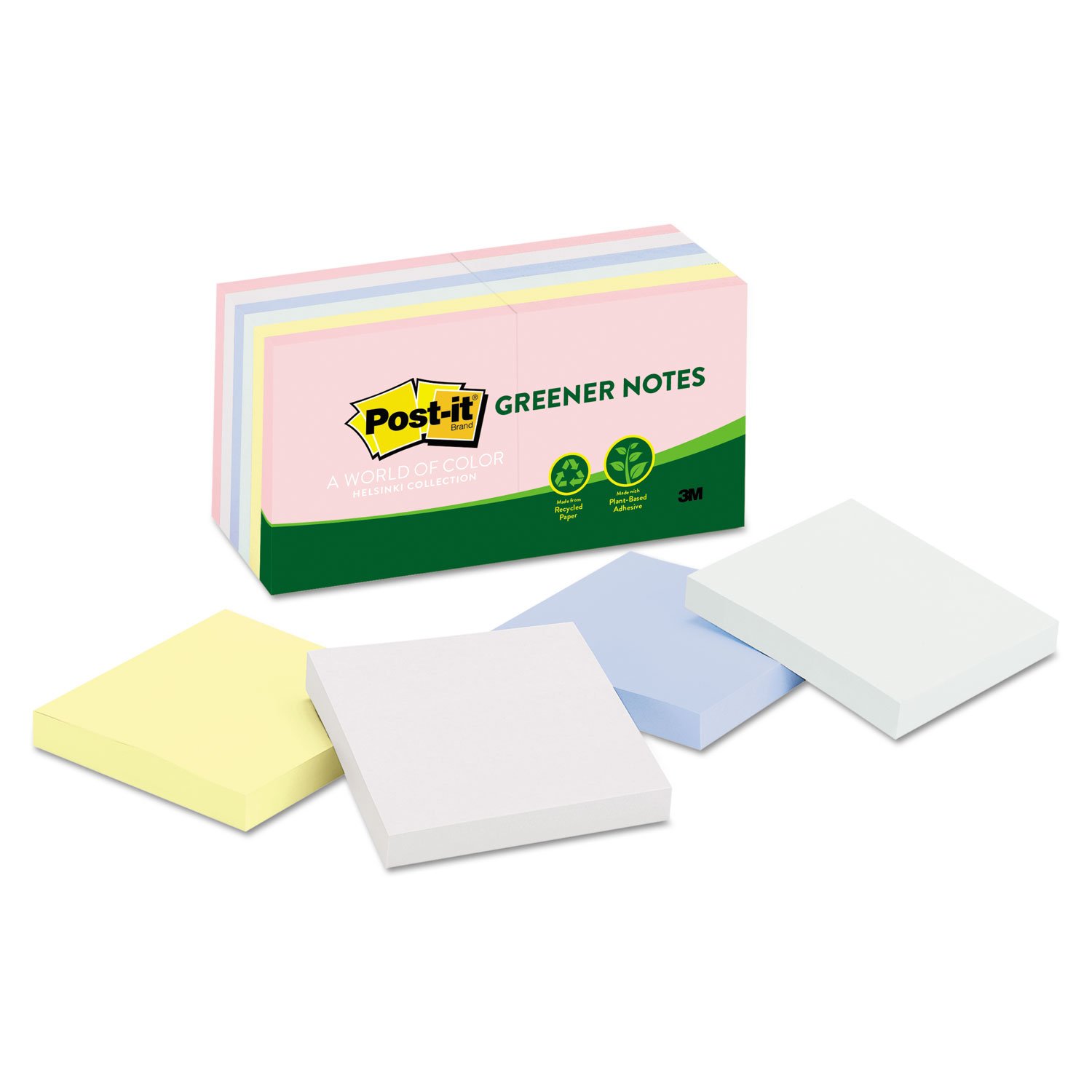 3M 654Rpa Post-It Greener Notes, 3 X 3, 100 Shts/Pad, Helsinki Colors, 12/Pack