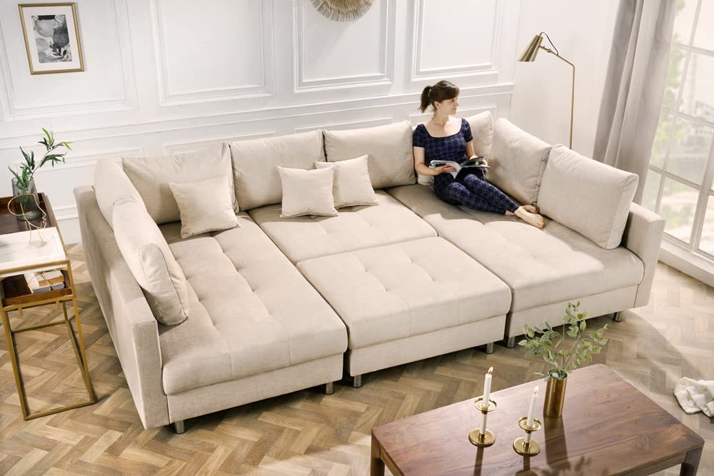 riess-ambiente.de Moderne XXL Wohnlandschaft Kent 305cm Champagner beige Samt inkl. Hocker und Kissen