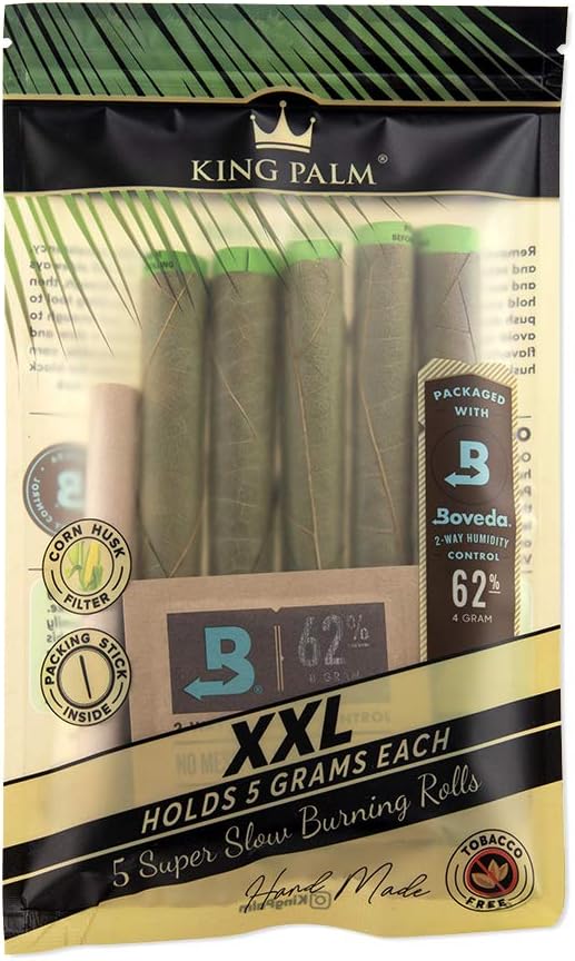 King Palm KING XXL Size Natural Pre Wrap Palm Leafs - 5 Pack, 5 Rolls Total - All Natural Cones - Corn Husk Filter - Preroll Cones