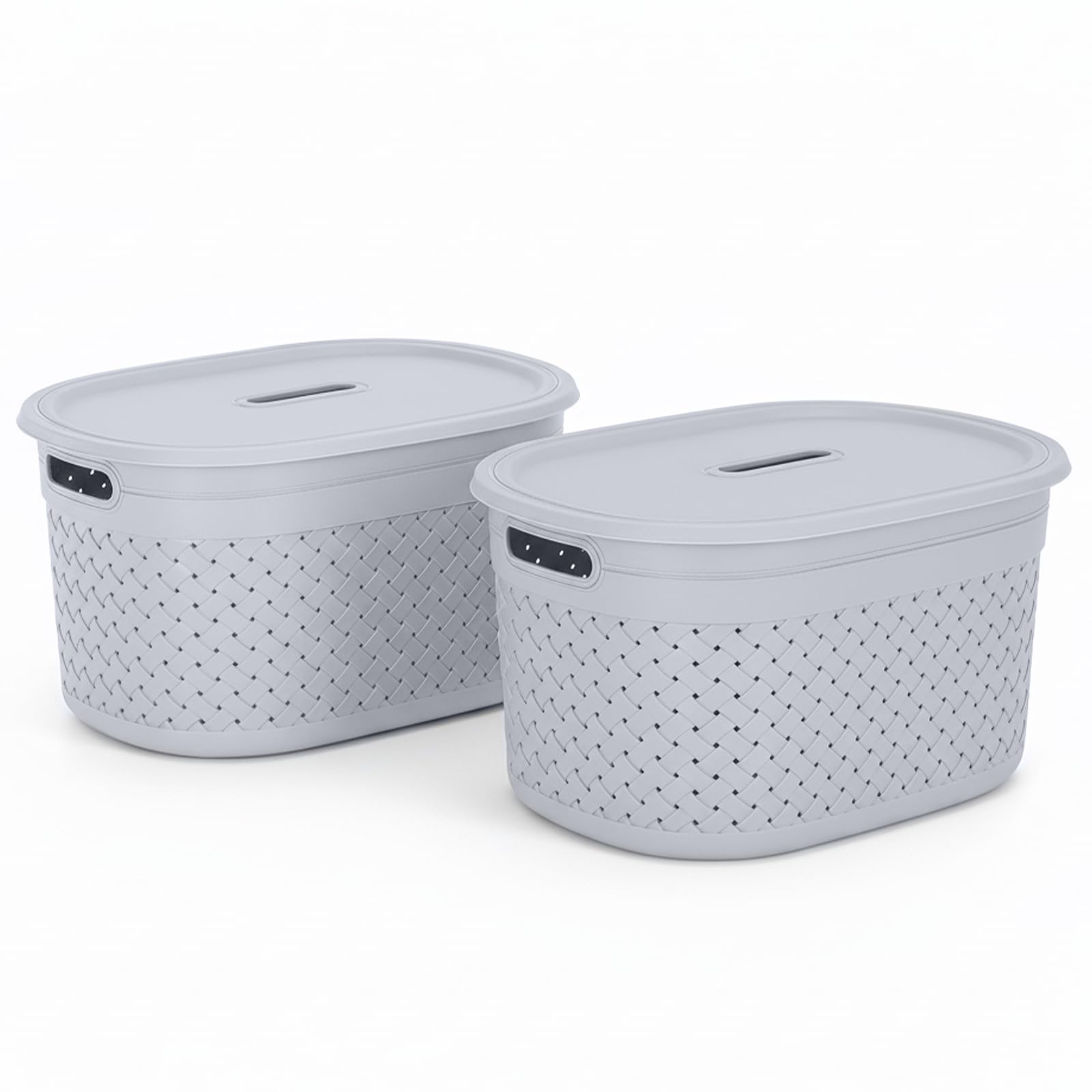 KOLORR Plastic Stitch Baskets Pack of 2 Extra Large Size (18L Capacity) with 1 Lid for Home Storage - Grey, Oval-image-35