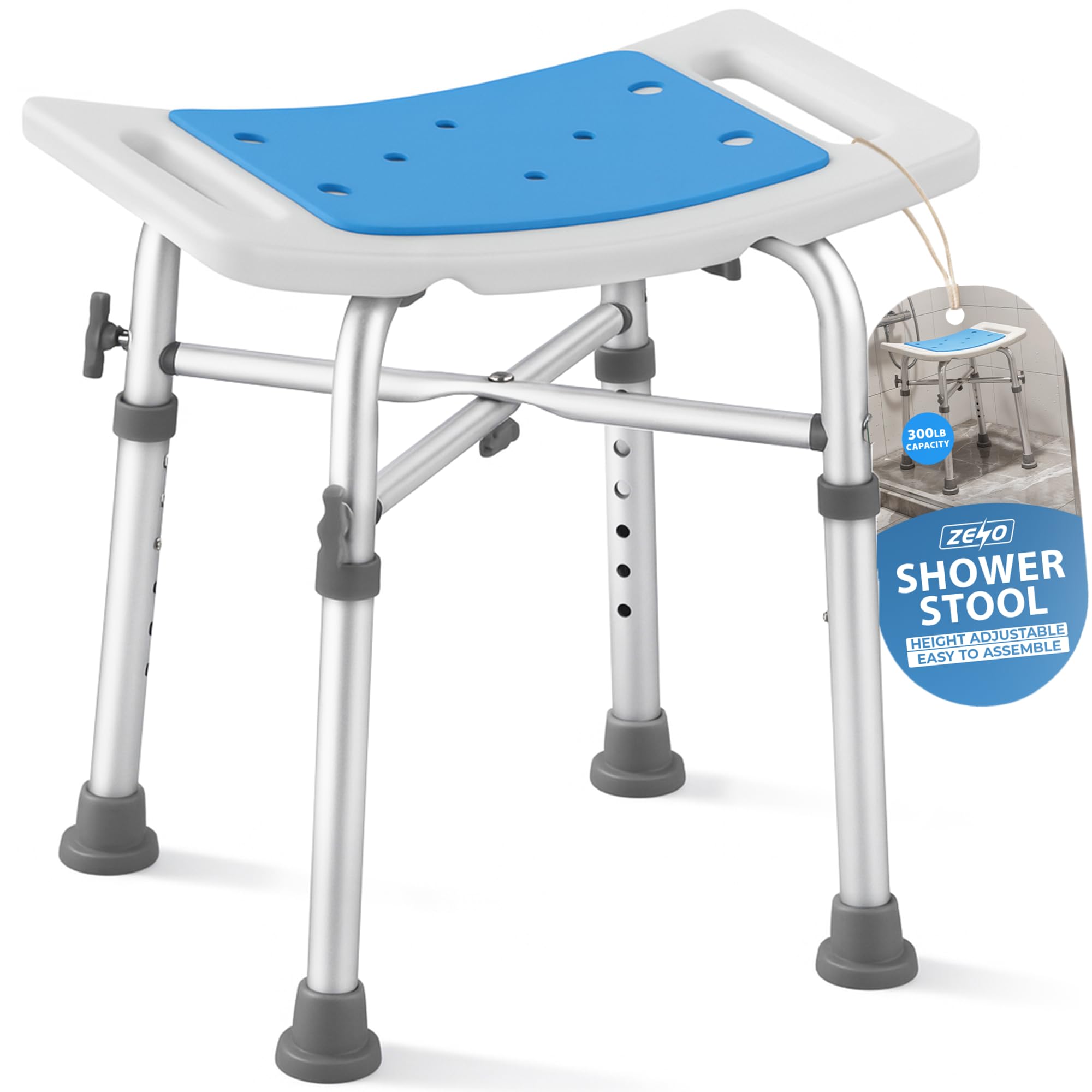 Zeno Women's White Shower Stool 4 Adjustable Heights | Cross Beam Shower Chair With 300Lb Capacity, Non Slip Feet & Drainage Seat | Lightweight Bathroom Stool With Side Handles | Secure Shower Seat Support For All