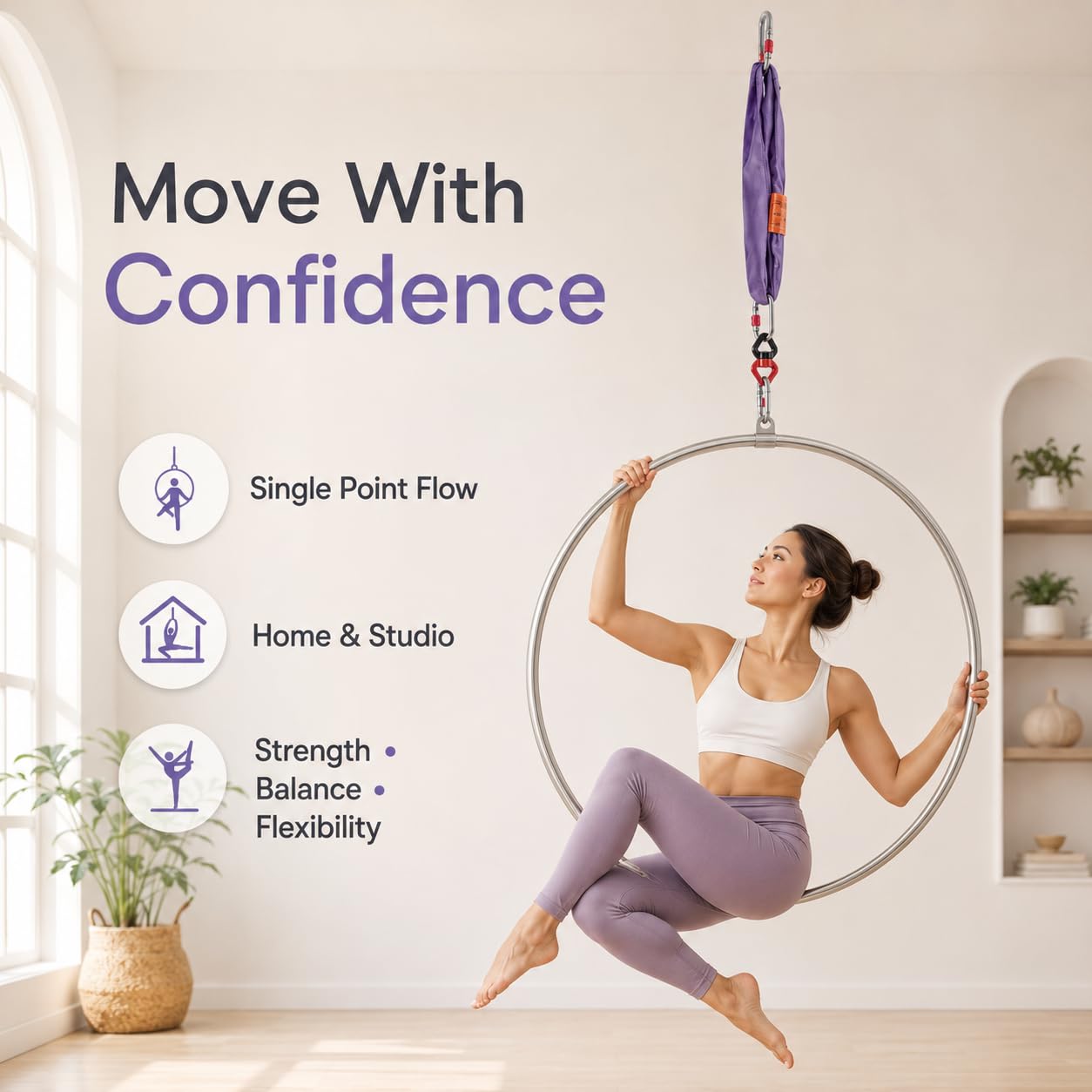 Lyra Hoop Ensemble d'anneaux aériens en acier inoxydable 95 cm Cerceaux à point unique Circus pour débutants et professionnels Kit d'anneaux aériens Équipement de yoga aérien 300 kg