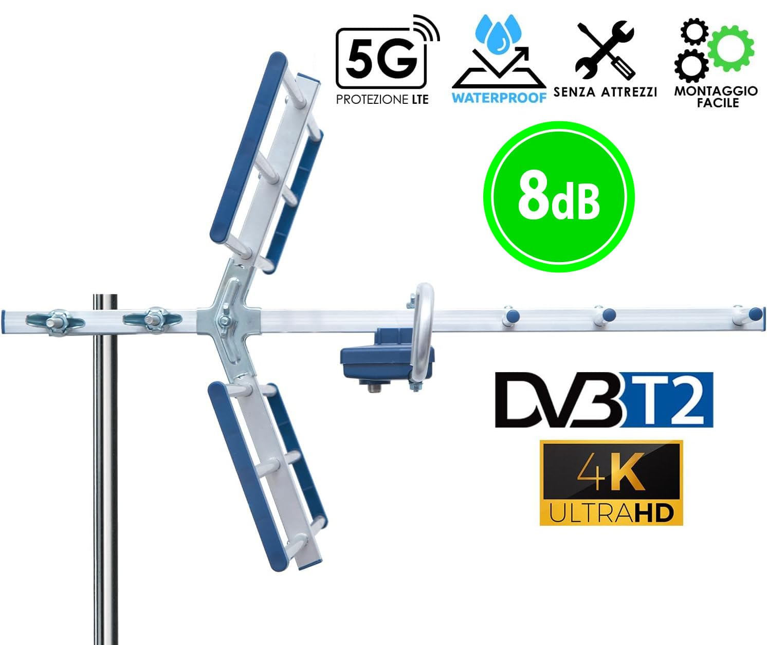 Antenna TV Digitale Terrestre Tripla 18dB Con Filtro 5G LTE - Per Segnale DVB-T/T2, UHF 21-48, 105cm - Foto 7