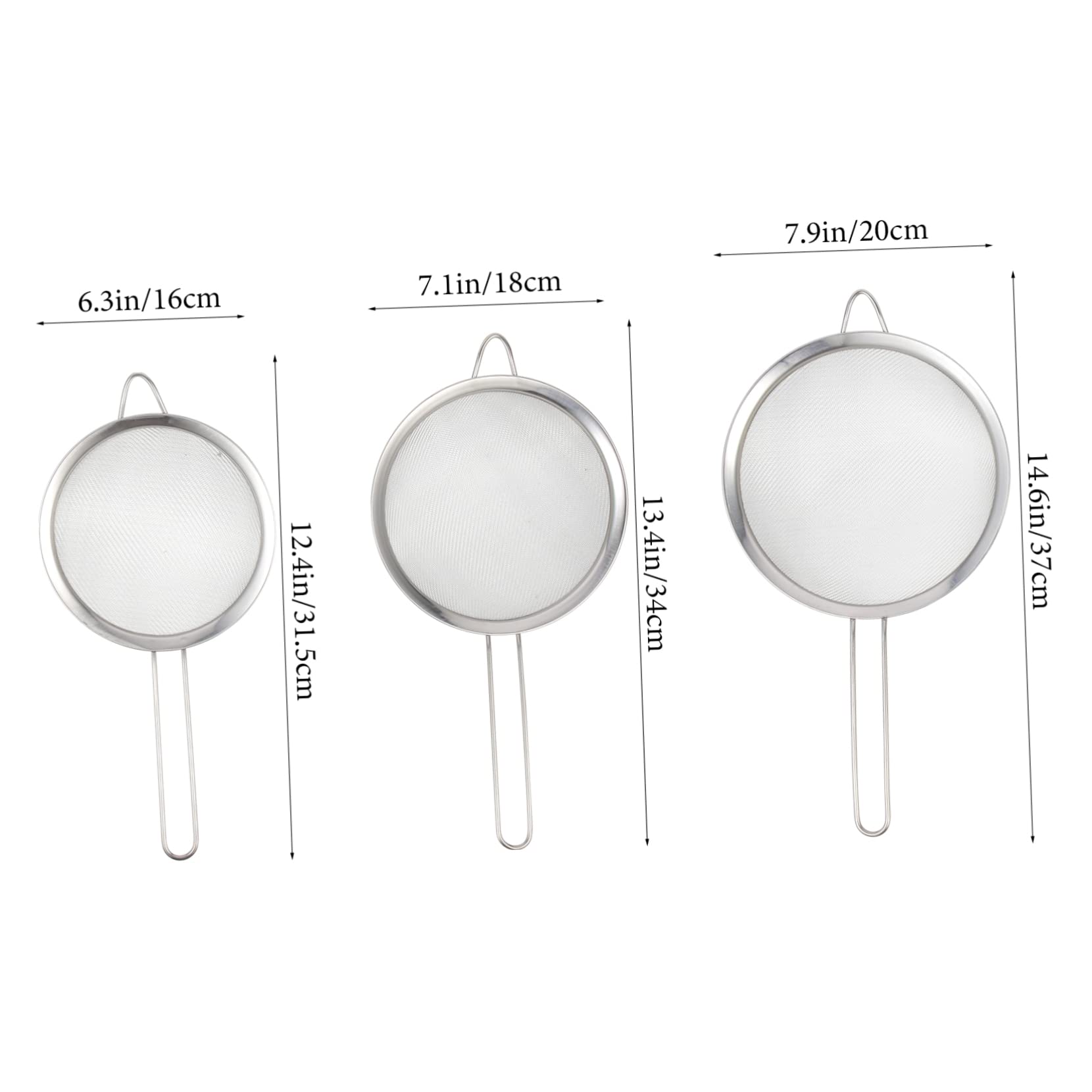 Cabilock 3Pcs Stainless Steel Flour Sieve with Hollow Handle Multi Function Mesh Strainer for Baking Cooking and Sifting Easy to Clean and Store