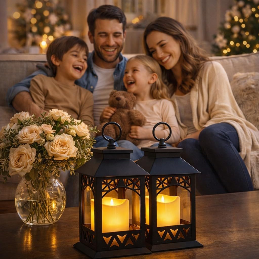 Black Lighted LED Lanterns with Lattice Design - Pillar Candle with 4 Hour Timer Included - Remote Control - Hanging or Sitting Decoration - Set of 2 - 13" H