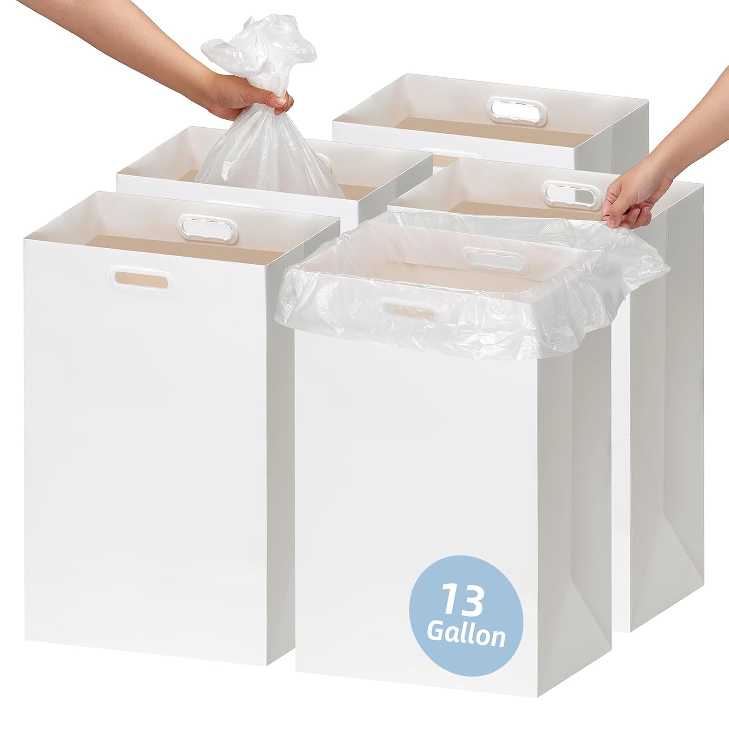 WIFTREY 13 Gallon Disposable Trash Cans for Parties 5 Pack, Collapsible Waterproof Thick Cardboard Bins with Handles, Reusable or Single-Use for Camping, Event, Kitchen Recycling, White