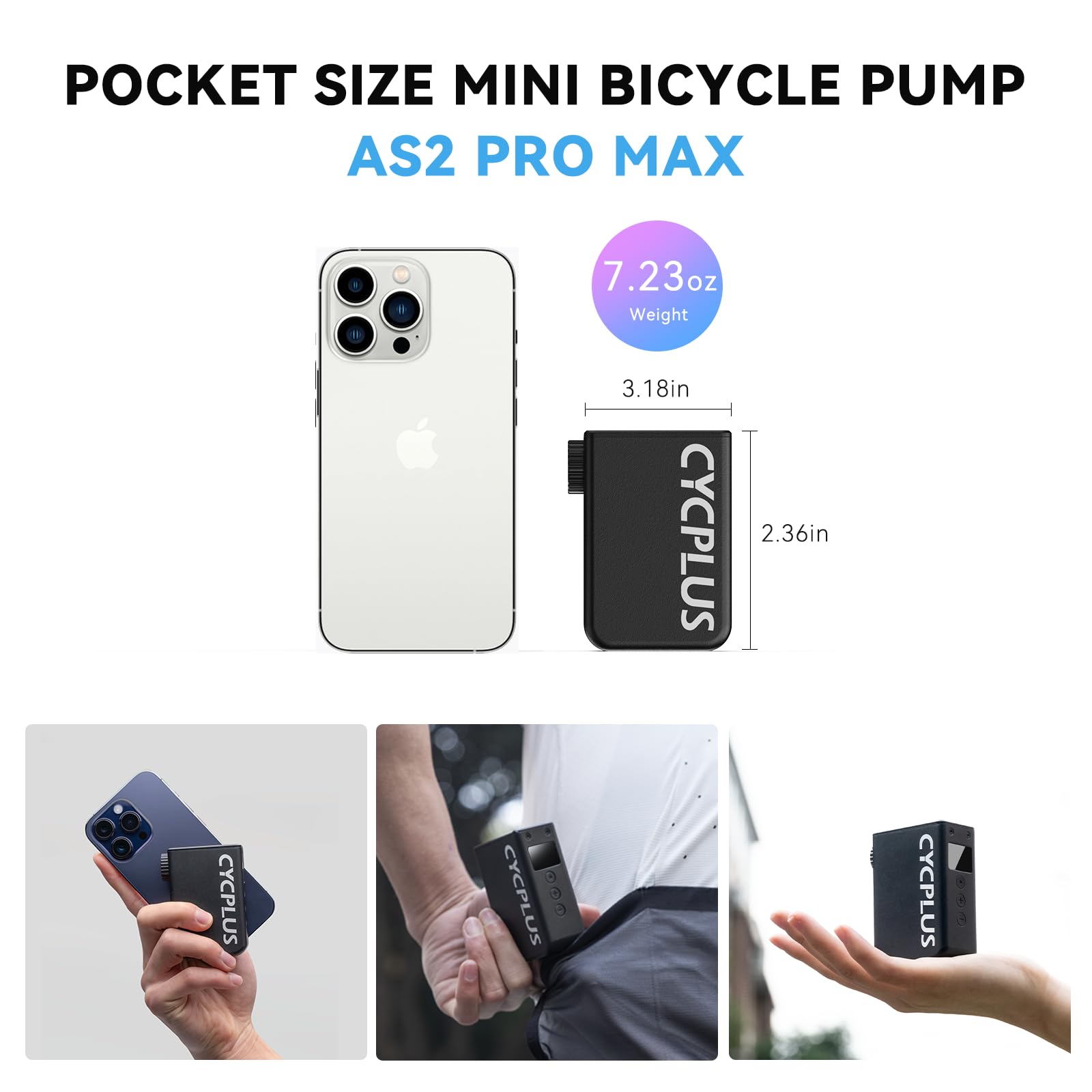 CYCPLUS Tiny Pump Mini Bike Tire Pump, Max 120 PSI Cordless Bicycle Air Pump, Auto Stop, with Presta and Schrader Valve for E-Bike, Mountain, City and Road Bike AS2 Pro Max (2025 Upgraded)