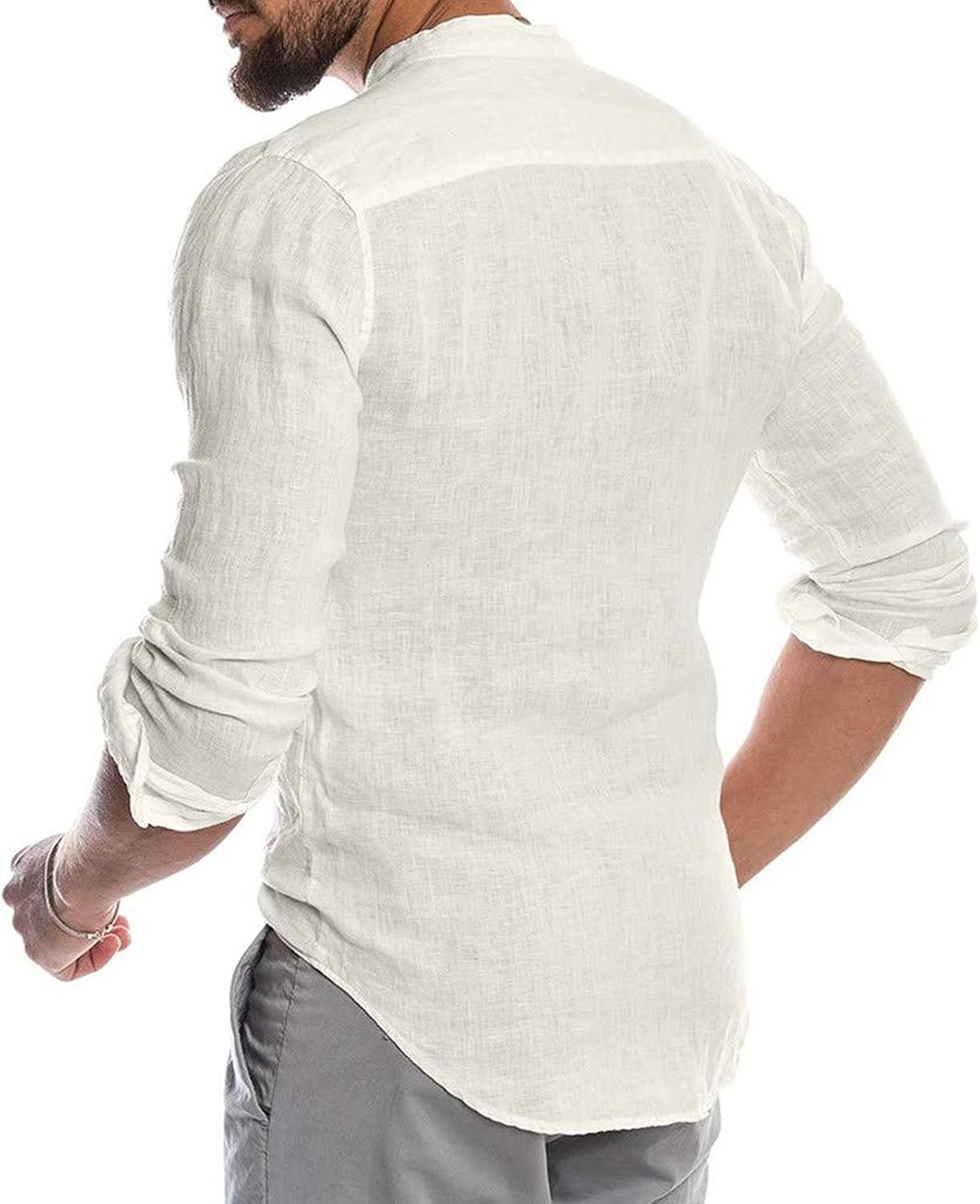 Ymosrh Mens Long Sleeve Shirt Linen Long-Sleeved Casual Shirt Collarless Standing Collar Summer Top Fashion Shirts