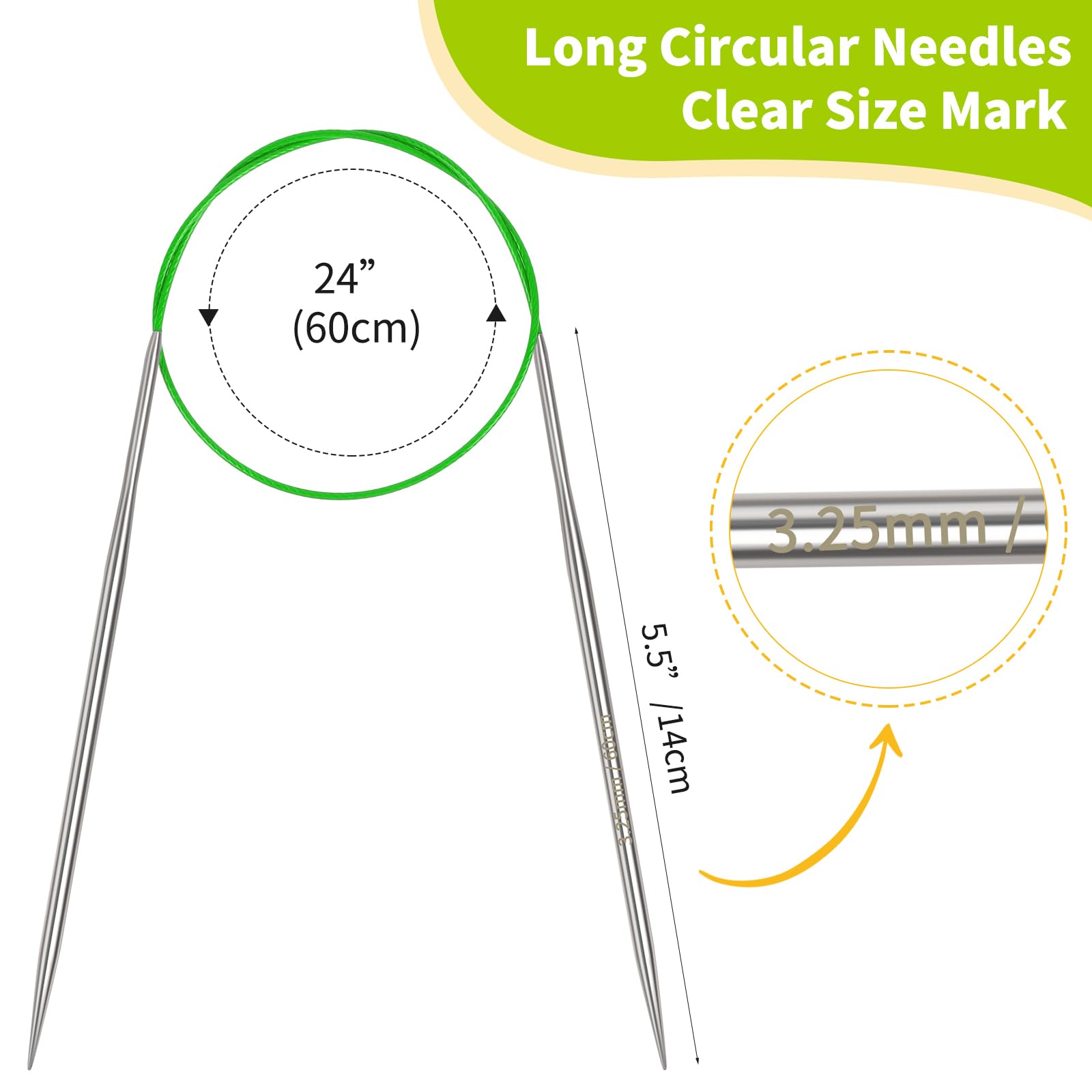 Coopay 3.25mm Circular Knitting Needles 60cm, Stainless Steel Circular Needles with Flexible Cable - Image 2