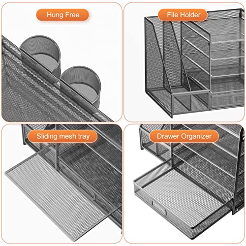 Image of Marbrasse 5-Tier Paper Letter Tray Organizer with Drawer and Pen Holder, Mesh Desktop Organizer and Storage with Magazine Holder for Office Supplies (Grey)