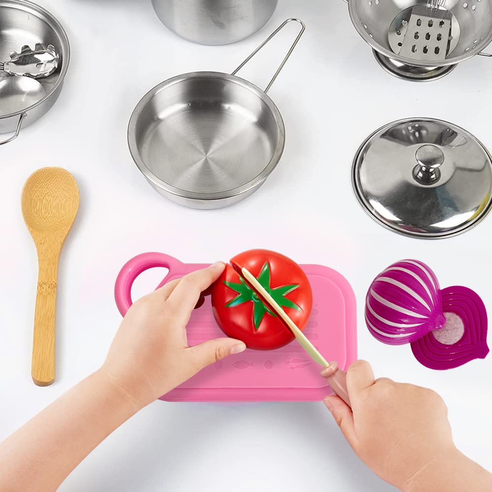 Juguetes de Cocina para niños, 31 Piezas Juguetes de Chef para Niños, Cocina de Acero , Vegetales para Cortar, Delantal y Gorro De Cocinero, Cortadores de Galletas, Rodillo para niños
