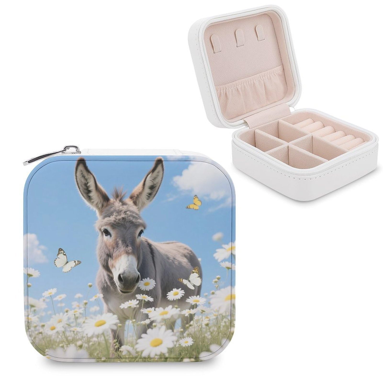 VstaDank Donkey & Butterflies Jewelry Box for Women Jewelry Organizer Storage Case with Zipper Mini Travel Jewelry Case Cute Trinket Organizer Leather Portable Jewelry Storage Box