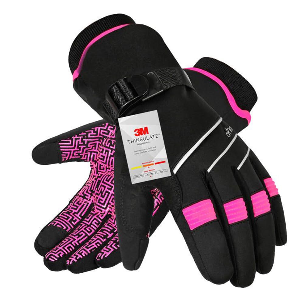 BIKINGMOREOK Winterhandschuhe Wasserdicht -30°F 3M Thinsulate Skihandschuhe Warme Touchscreen Handschuhe,Winddicht Fahrradhandschuhe Herren Damen-Rosa-XS