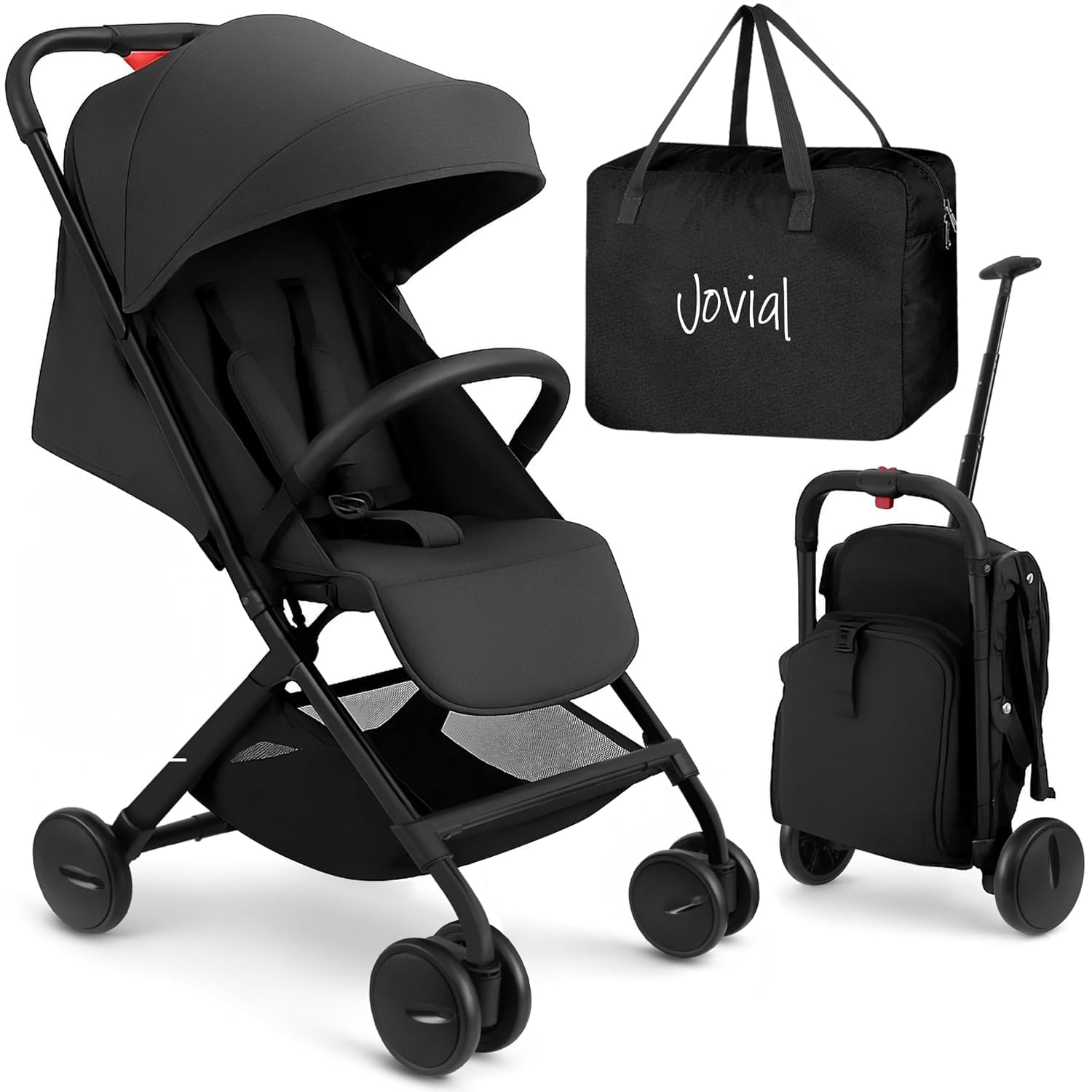 Jovial Lightweight Travel Baby Stroller with One-Hand Easy Fold, Compact Portable Baby Stroller for Everyday Use and Family Travel, with Canopy, Basket, and Included Storage Bag Matte Black Upgraded Version