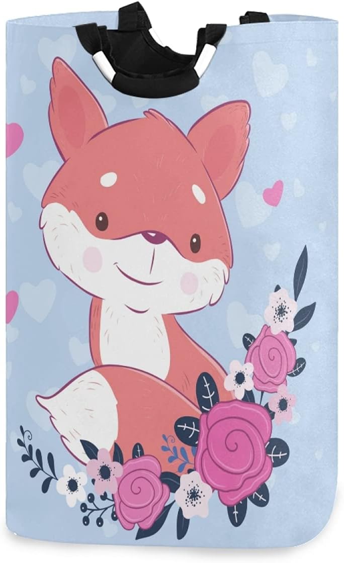 Cute Cartoon Fox Roses Laundry Basket with Handle Large Foldable