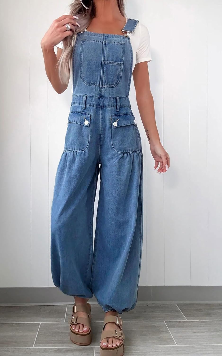 yoeasy Women's Denim Bib Overalls Lotus Tube Wide Leg Baggy Jeans Adjustable Strap Pleated Jumpsuits with Drawstring - Image 2