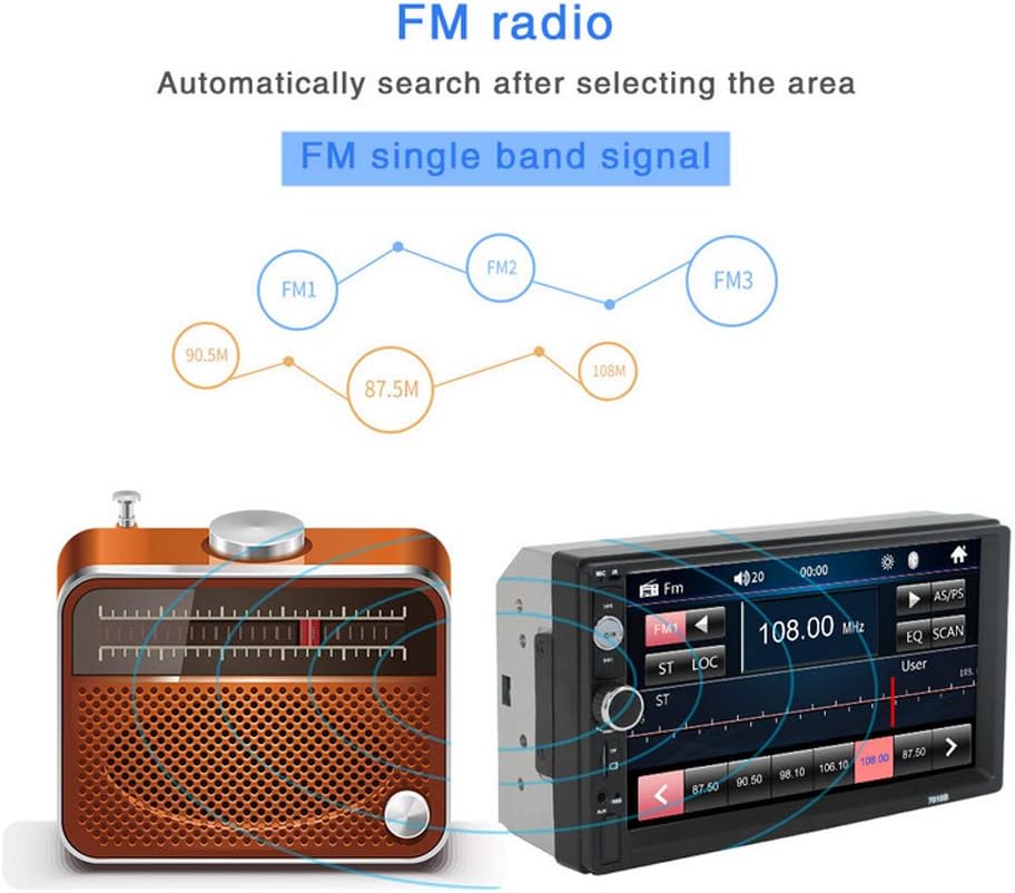 Graphic illustrating 'Lossless music' with musical notes and supported audio formats: MP3, WMA, WAV, OGG, FLAC, APE, next to the car MP5 player.