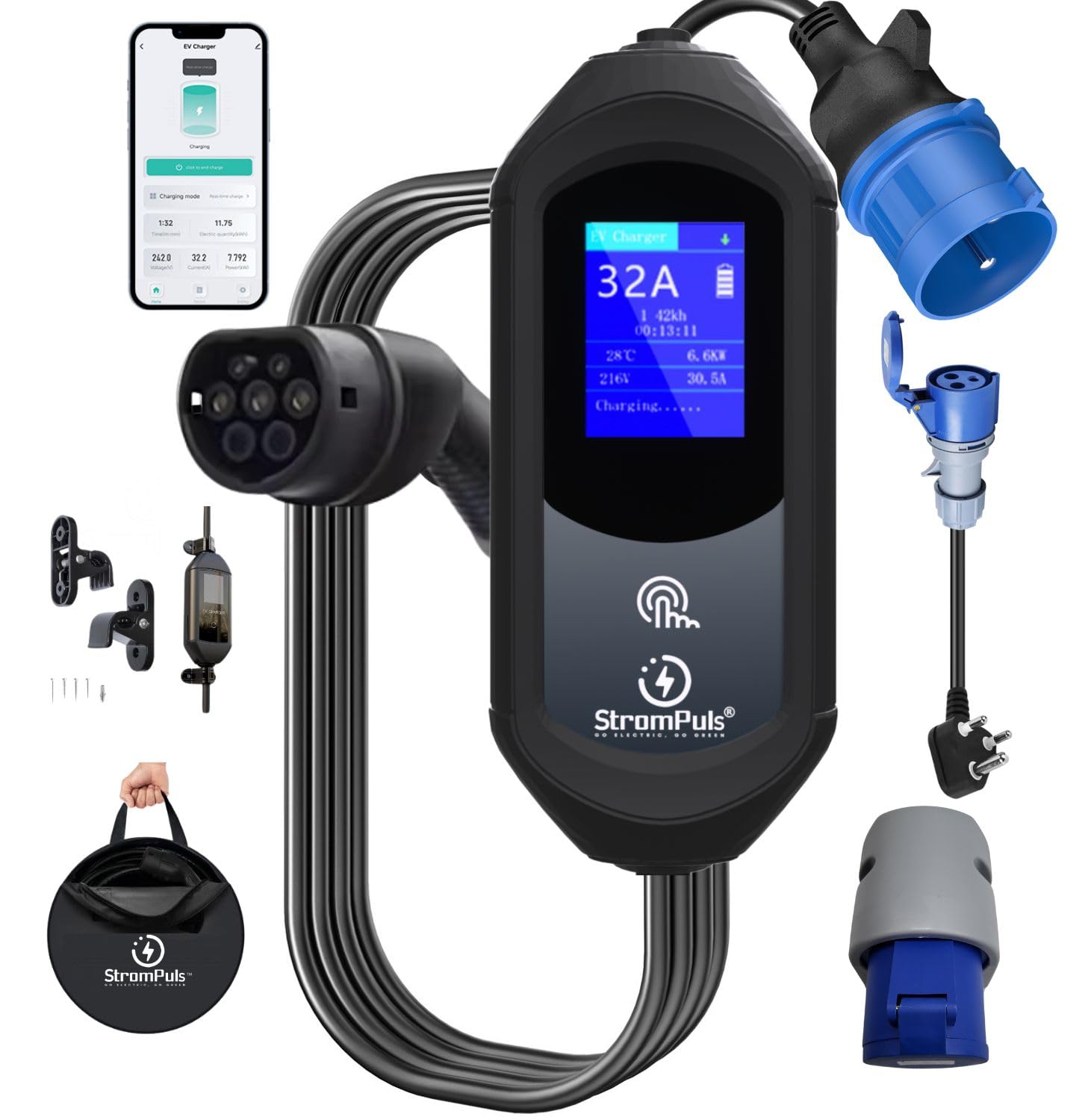 StromPuls 7.2 kW Portable EV Charger, Smart App, 1 Phase, 2.6inch Large Screen, IP65, 5 Meter TPU Cable, Adjustable Amp, Bag,Wall Holder Clips,Emergency Earthing off option, 5 Years Warranty* (Bundle)-picture-16
