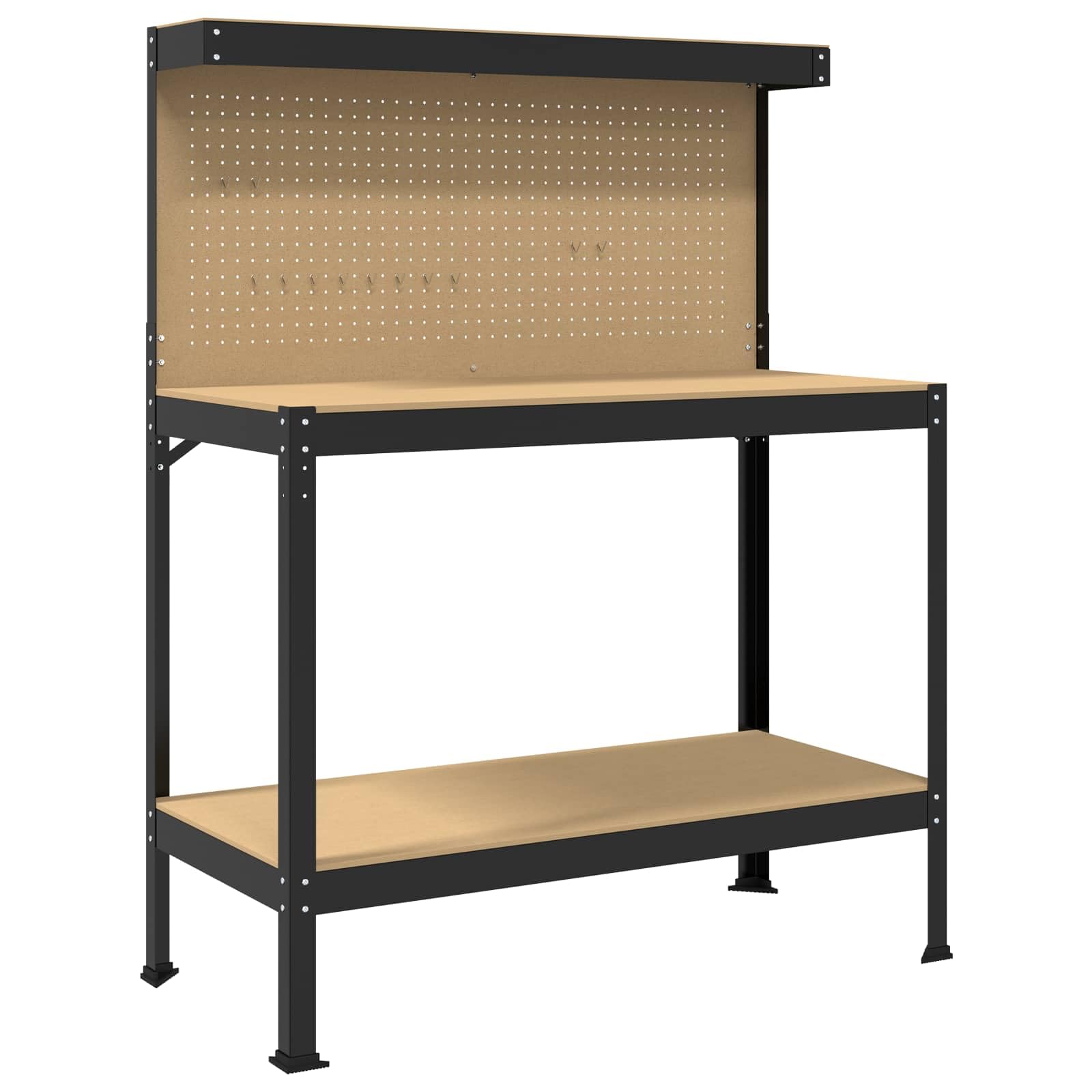 Banco de trabajo negro de madera contrachapada y metal, 114 x 54 x 145 cm, con cajón, pared perforada, estante, estructura estable, mesa de taller para garaje, taller, mesa de manualidades, mesa de