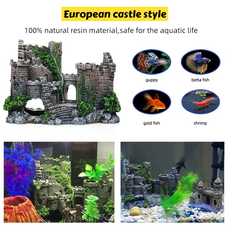Image of Aquarium Resin Castle Decoration, Fish Tank Castle Decoration with Hideout & Swim-Through Tunnels, Resin Castle for Betta,Turtle,Shrimp & Small Fish, Ideal Hideouts Stone Cave Hide House