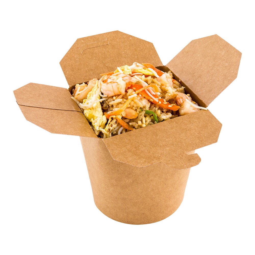 Restaurantware Bio Tek 32 Ounce Chinese Take Out Boxes, 200 Round Food To Go Boxes - Leak & Grease-Resistant, Tab-Lock, Kraft Paper Take Home Boxes, Stackable, Recyclable