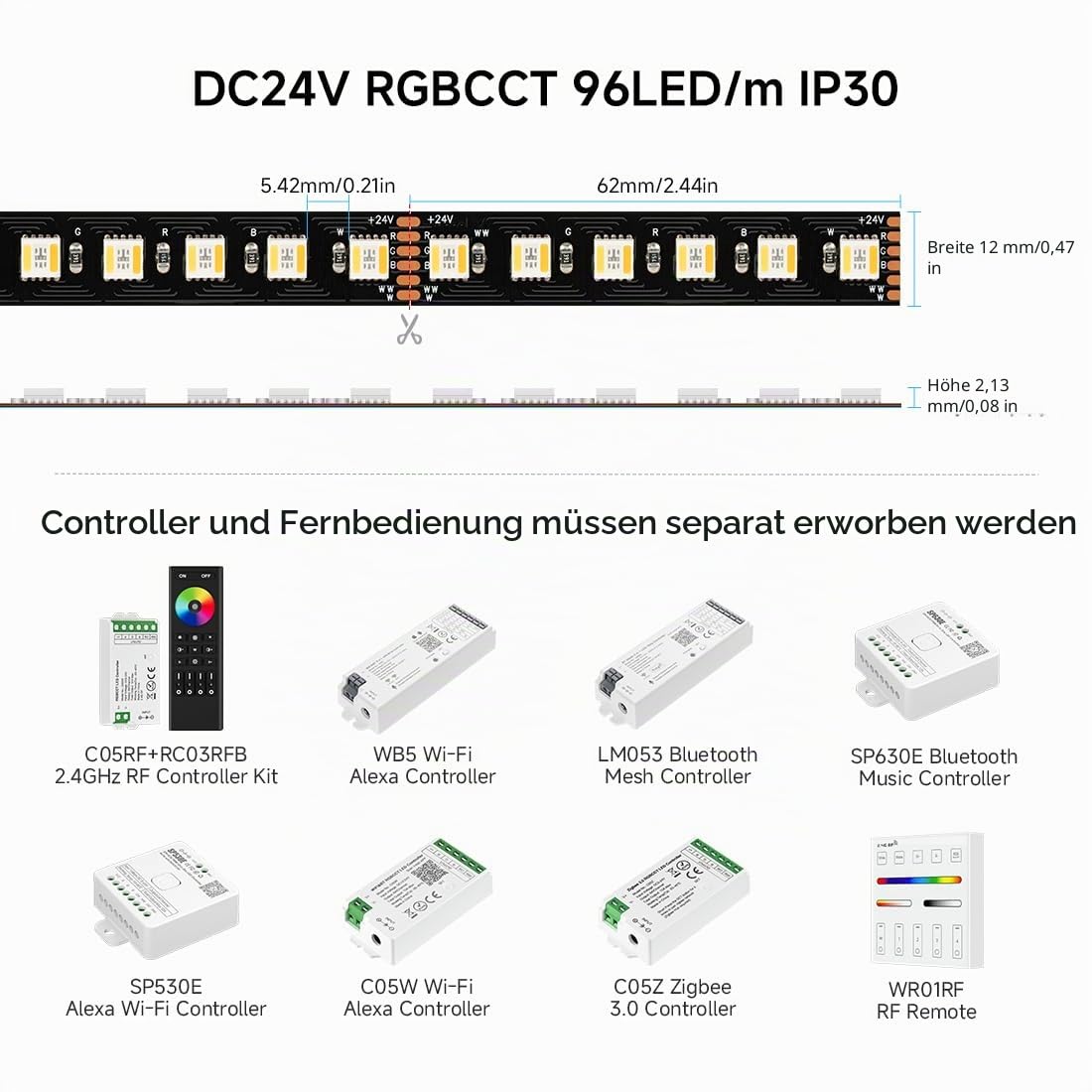 SEZO 5050 RGBCCT LED Streifen lichter 5 in 1 RGB+Warmweiß 3000K-6000K 24V 5M 96LEDs/M IP30 Nicht wasserdicht RGBW RGBWW Superhelles led band für die Beleuchtung zu Hause und im Schlafzimmer