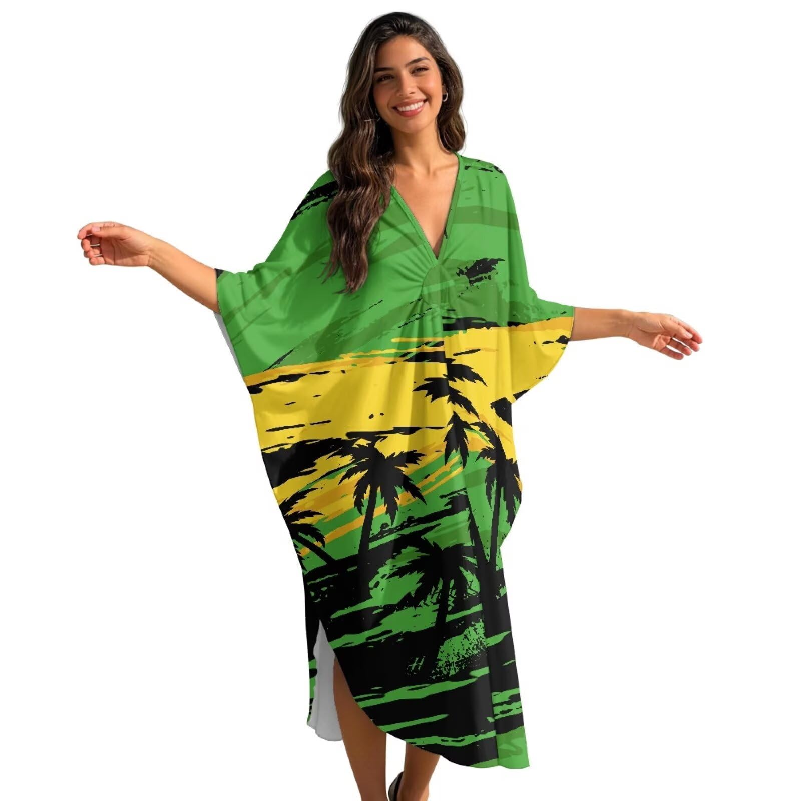 Xoenoiee Sukienki kaftan dla kobiet plus size dekolt w serek Moo Moos rękaw nietoperz kaftan sukienka plażowa okrycie