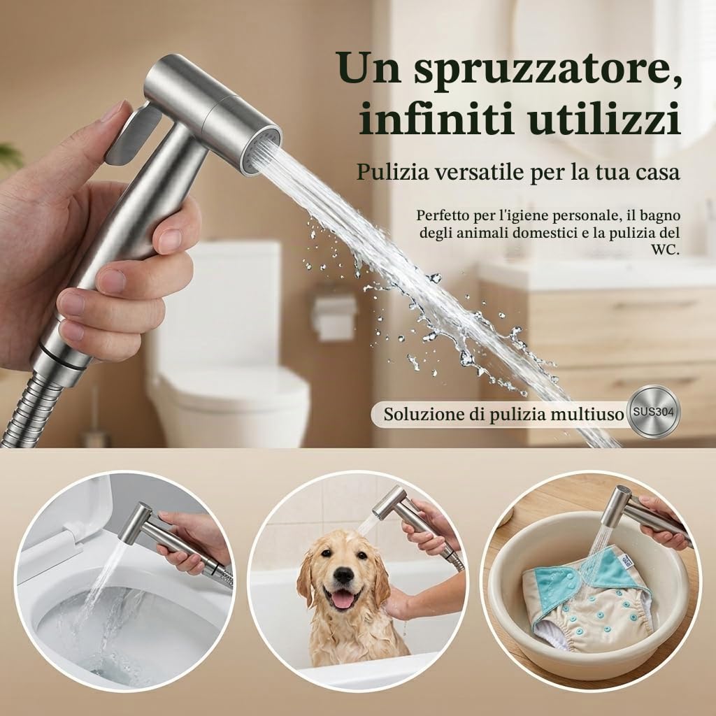 Doccino per Bidet Doccetta Bidet per WC in Acciaio Inox, Idroscopino per WC con Tubo Flessibile 1,5m e Supporto, Kit Idroscopino per Igiene Personale e Animali Domestici (Acciaio)