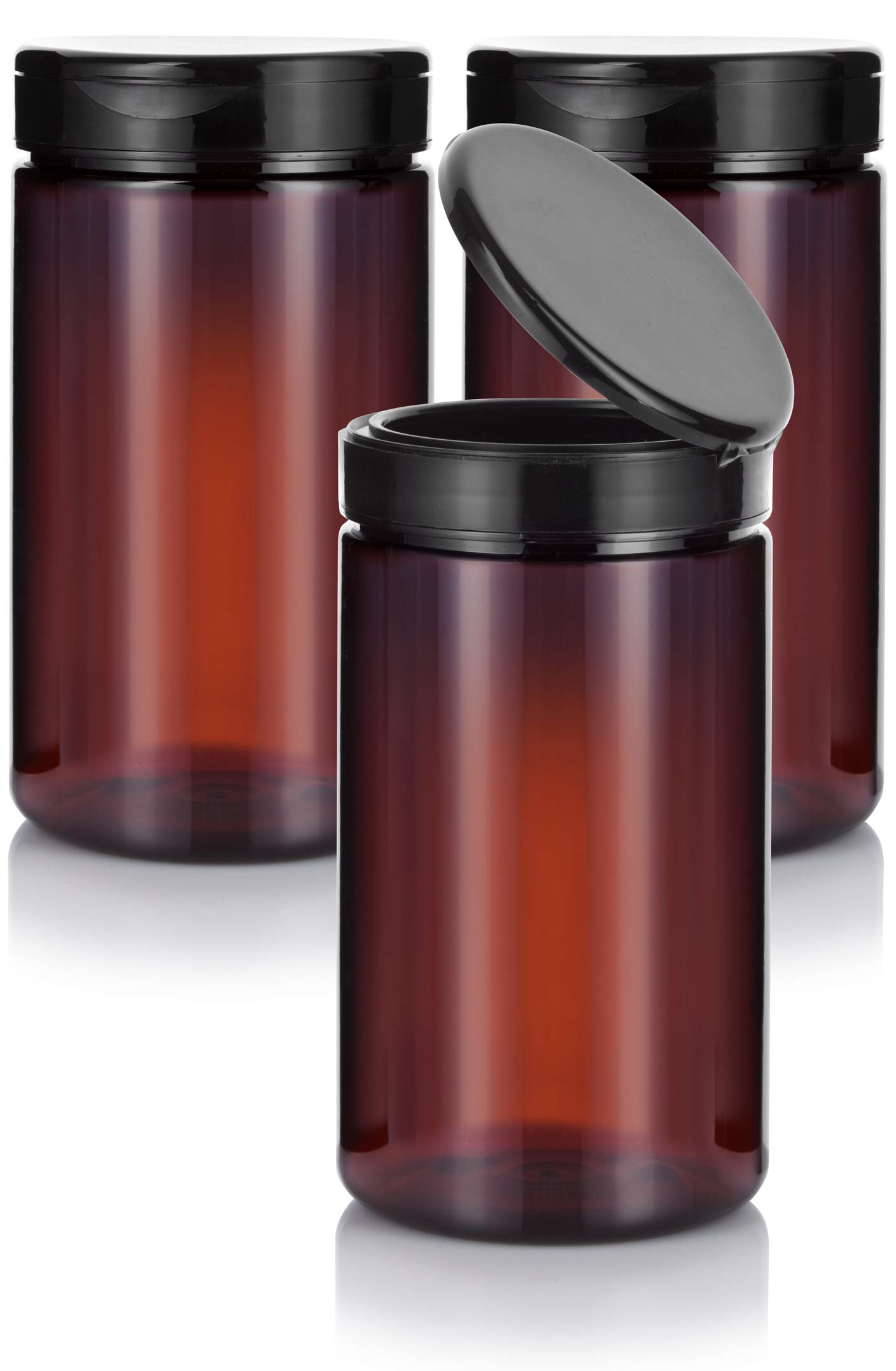 32 oz Amber Large PET Plastic (BPA Free) Refillable Empty Jar with (3 pack, Black Flip Top Cap)