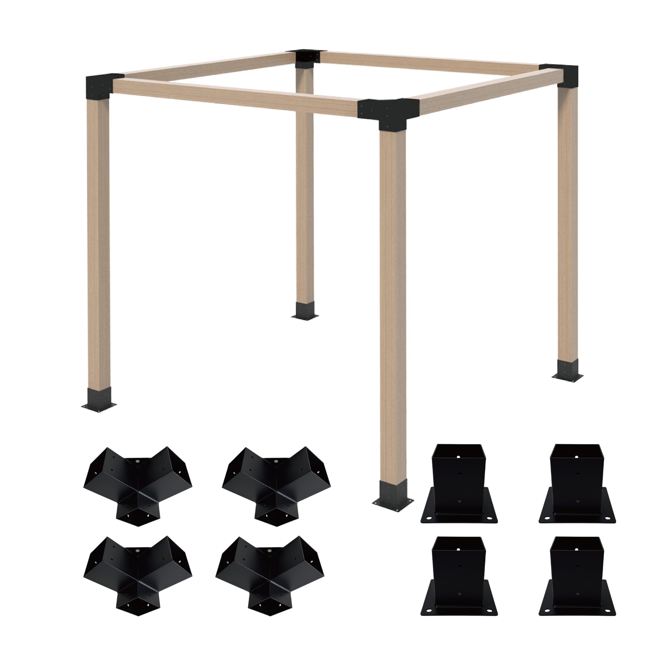 Pergola Bracket Kit 4x4, 4pcs 3-Way Right Angle Corner Bracket and 4pcs Base, Heavy Duty Corner Bracket DIY Shed Kit, for Gazebo, Pergolas, Wood Stand Sheds, Metal Gazebo Kits, with Screws