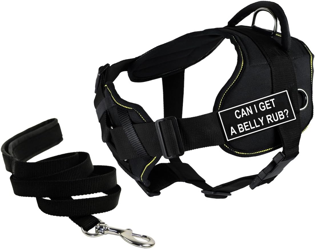 Dean & Tyler Bundle of 32 to 42-Inch DT Fun Harness with Chest Support, Large, Yellow Trim and 6-Feet Stainless Snap Padded Puppy Leash, Black, Can I Get a Belly Rub?