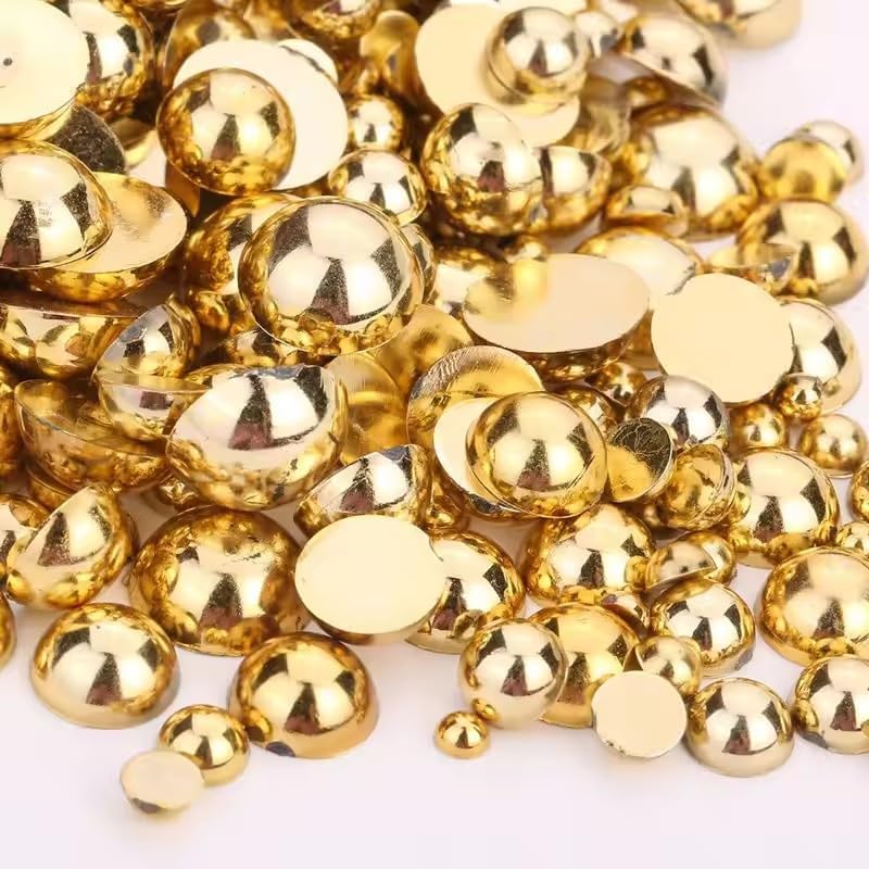 1000PCS Mixed Sizes 3/4/5/6/8/10mm Flatback Half Round Pearls Gems for Crafting, Gold Pearl Beads Gem Stones for Crafts Jewelry Clothes Shoes Dress Nail Art Making Embellishments (Gold)