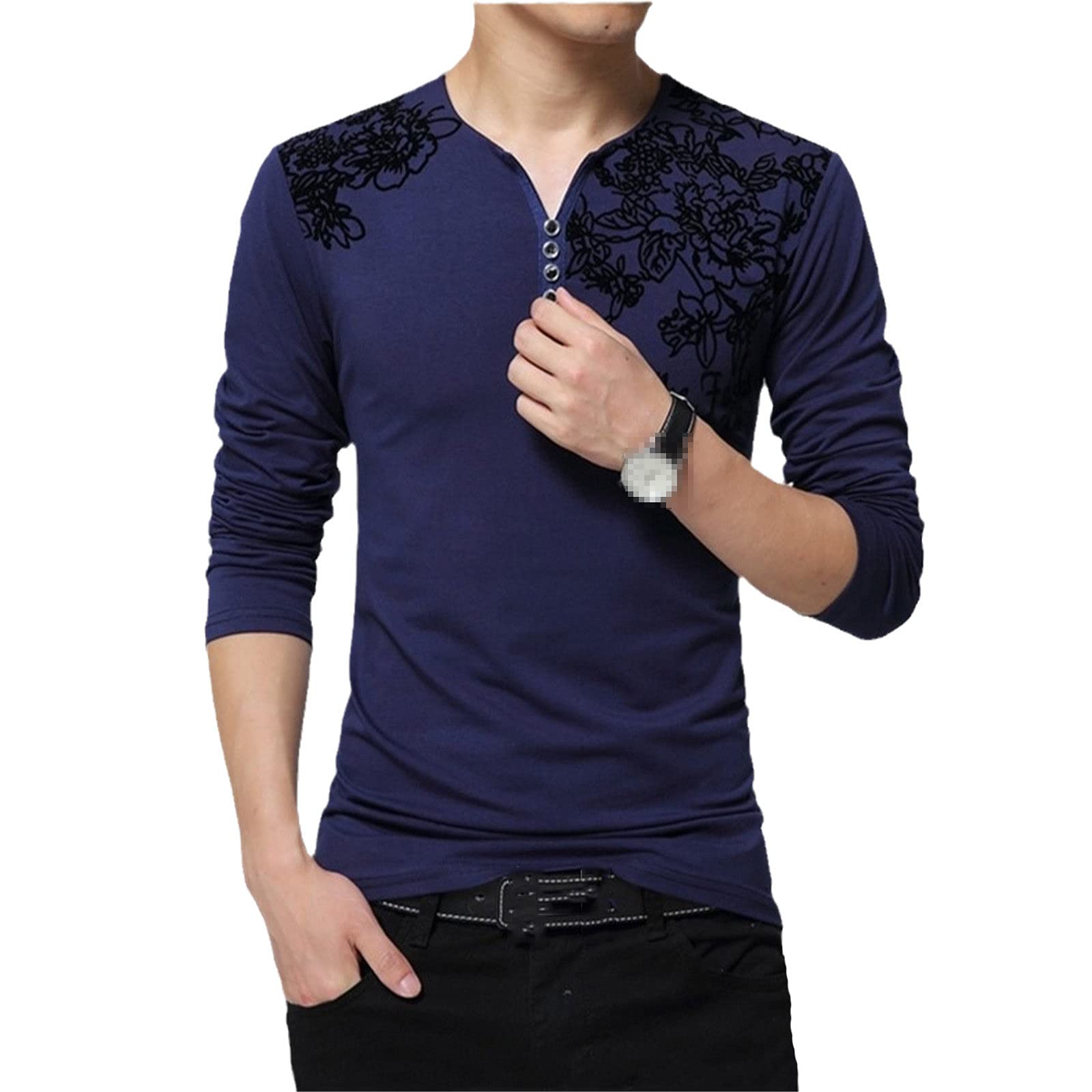 Herbst Herren T-Shirt Langarm Knopf Henry Kragen Mode Blumendruck Baumwolle T-Shirt Männer Slim Fit Tops, navy, M