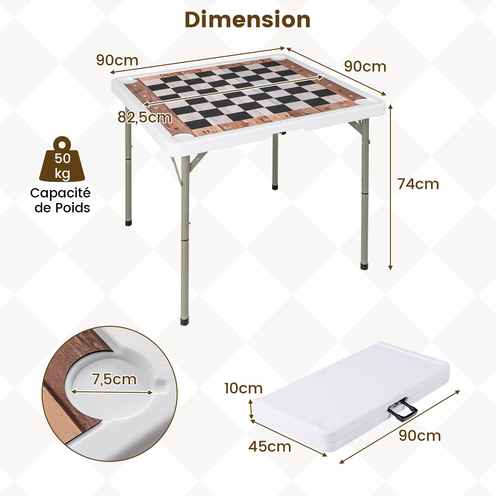 COSTWAY Table d'échecs Pliable 90x90cm avec Tapis & 4 Porte-gobelets, Table Carrée de Jeu en Plastique Portable avec Poignée & Patins Antidérapants, Echiquier pour Fête Pique-Nique Camping