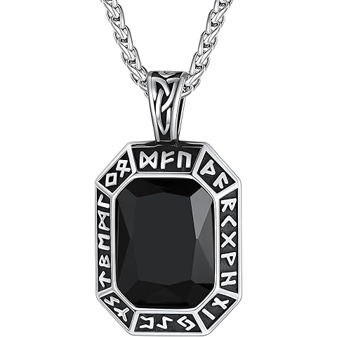 ChainsHouse Viking Rune Pendant Necklace for Men Women, Punk Biker Black Metal/316L Stainless Steel Onyx Norse Vintage Amulet Necklaces with Black/Red/Green/Blue Gemstone, Send Gift Box