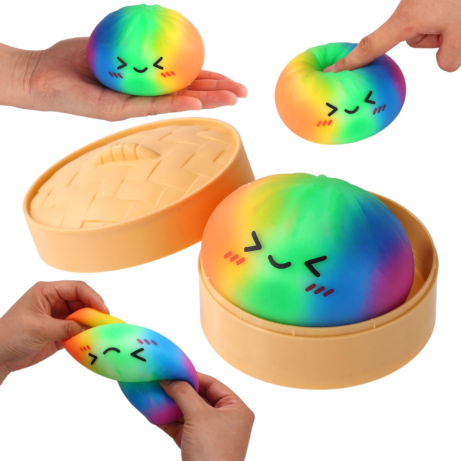 Giant Rainbow Glitter Dumpling Squishy with Steamer Box, Cute Smiling Face Soft Giant Dumpling Fidget Food for Adults Birthday Holiday Present