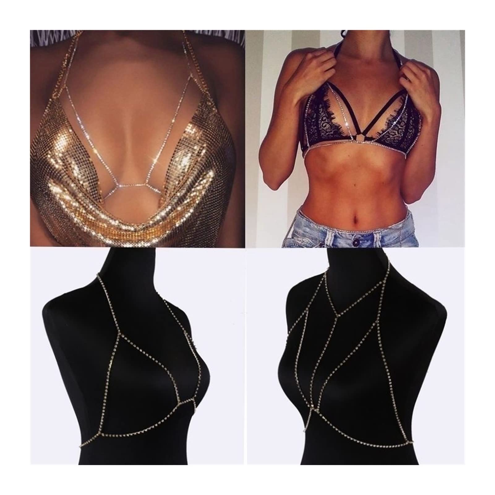Chaîne De Corps Crossover En Cristal Doré - Bijou Ventre/bikini, Strass, Style Bohème - Pour Fête, Plage, Soirée - 2