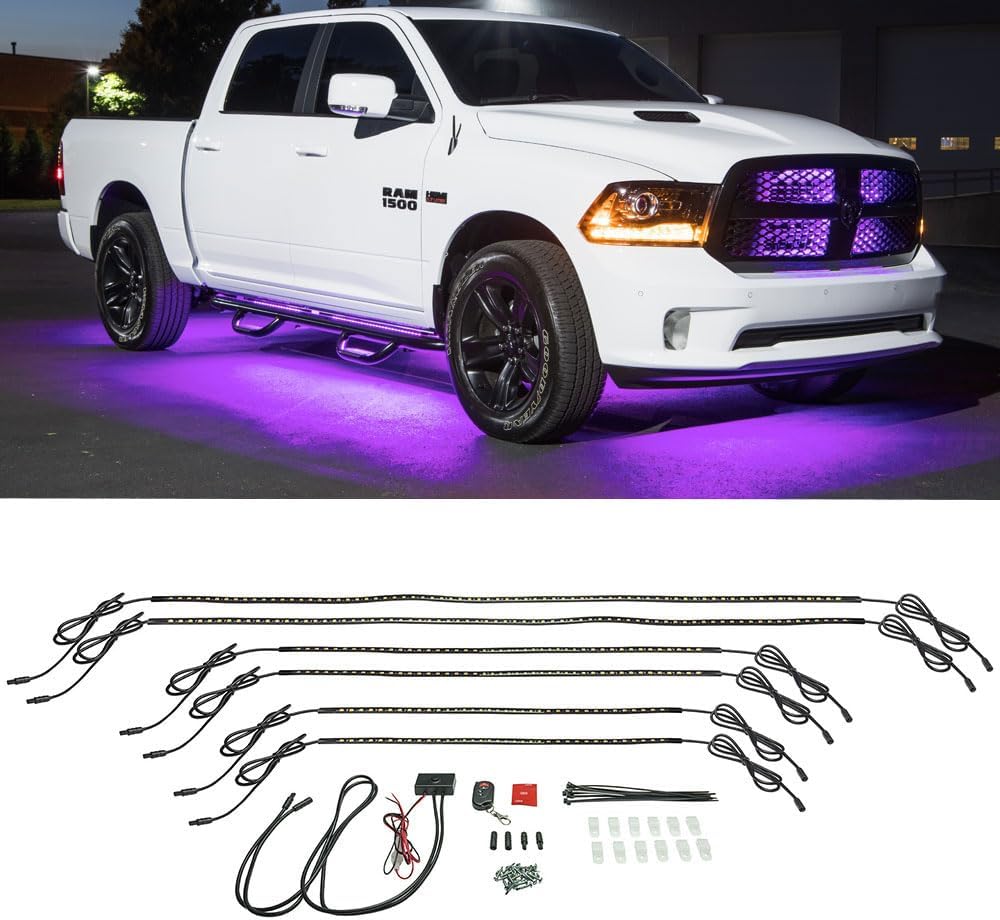 LEDGlow 6pc Purple LED Flexible Truck Slimline Underbody Underglow Accent Neon Lighting Kit - 4 Unique Patterns - Water Resistant, Low Profile Light Tubes - for Midsize & Full Size Trucks